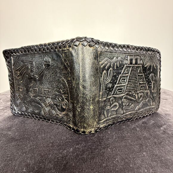 Vintage Aztec Mayan Mexican-Inspired Leather Black Wallet - Picture 1 of 9